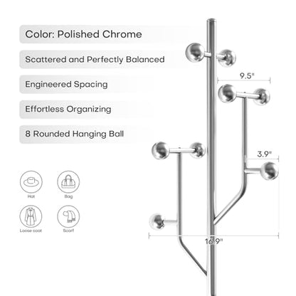 Coat Rack Freestanding Metal Coat Tree with 8 Metal Hooks | Heavy Duty Standing Coat Rack, Stainless Steel Marble Base, Coat Hanger Stand for Bedroom Entryway Hallway, Hat, Bags - color: Silver - Polished Chrome
