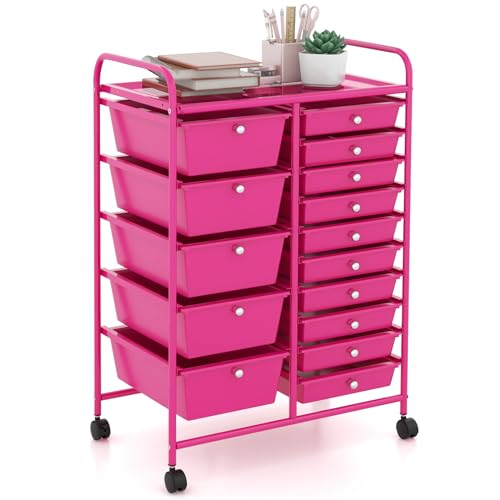 GOFLAME 15-Drawer Rolling Storage Cart, Craft Storage Cart with Removable Drawers & Lockable Wheels, Art Cart Supply Storage Organizer for Home Office Classroom, Hot Pink - color: Hot Pink, size: 15 drawer-25"x14.5"x34.5"