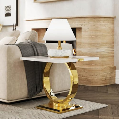Asday Gold End Table, 23" Modern Sofa Side Table with Polished Metal U-Base, Square White and Gold End Table for Living Room, Sofa Couch, Bedroom, Office - color: White and Gold, size: Set of 1