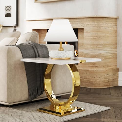 Asday Gold End Table, 23" Modern Sofa Side Table with Polished Metal U-Base, Square White and Gold End Table for Living Room, Sofa Couch, Bedroom, Office - color: White and Gold, size: Set of 1