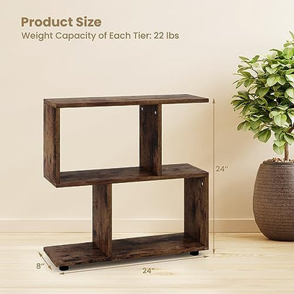 Tangkula 2 Tier Geometric Bookshelf, Freestanding Wood Display Shelf, Home Office Room Divider S Shaped Open Bookcase, Small Bookshelf for Small Spaces, Living Room, Study (Coffee, 1) - color: Coffee, size: 1
