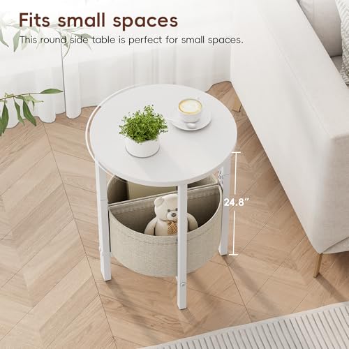 Vagusicc Side Table, Small Round End Table, Tall Accent Table with Storage Basket, Set of 2 Half Round Coffee Tables Half Moon Tables, Bedside Table, Modern Nightstand for Living Room Bedroom, White - color: White