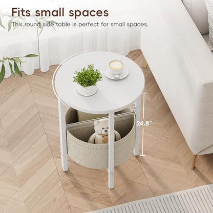 Vagusicc Side Table, Small Round End Table, Tall Accent Table with Storage Basket, Set of 2 Half Round Coffee Tables Half Moon Tables, Bedside Table, Modern Nightstand for Living Room Bedroom, White - color: White
