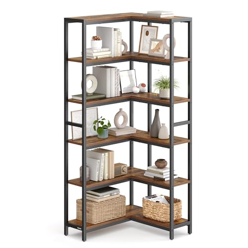 VASAGLE 6 Tier Bookshelf with Metal Frame, Convertible Industrial Corner Shelf, 9.4 x 40.2 x 69 Inches, for Living Room, Bedroom, Home Office, Rustic Brown and Ink Black ULLS606K01 - size: 6 Tiers (40.2"W)
