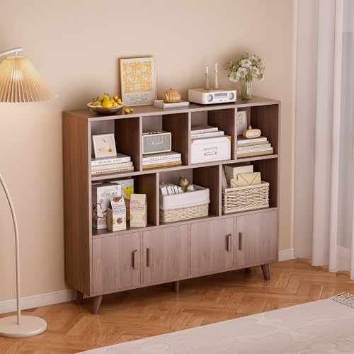 OSCHF Cubby Shelf Bookcase with Doors - Wooden 11 Cube Floor Standing Open Bookshelf with Solid Wood Legs, 3-Tier Storage Cabinet, Walnut - color: Walnut