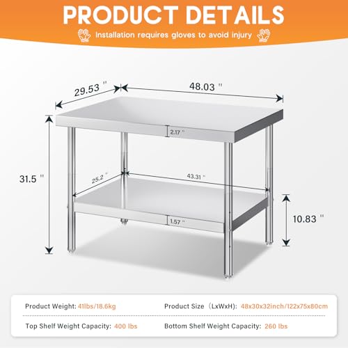 Jocisland 30" x 48" Stainless Steel Table for Prep & Work, Food-Grade Stainless Steel with Adjustable Under Shelf and Feet, for Commercial Kitchen, Restaurant, Hotel, Garage - size: 30x48 in, style: Table