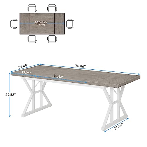 Tribesigns Farmhouse Dining Table for 6 People, 70.8-Inch Rectangular Wood Dining Table, Rustic Kitchen Table with Heavy Duty Metal Legs for Dining Room(Grey) - color: Grey/White
