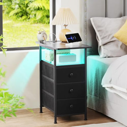 AMHANCIBLE Narrow End Table Living Room with Charging Station, Slim LED Nightstand with Fabric Drawers, Skinny Side Table for Bedroom, Small Spaces, Couch, Black, HETN013LBK-1 - color: Black, style: LED Light & Power