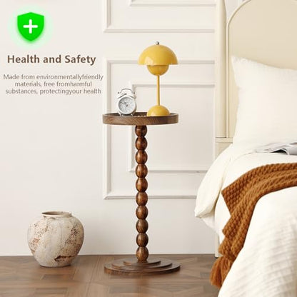 Small Round SideTable, Drink Table Martini Table for Small Spaces, Tall End Table with Solid Wood Leg, Pedestal Side Table for Living Room Sofa Bedroom Bedside (Dark Walnut)