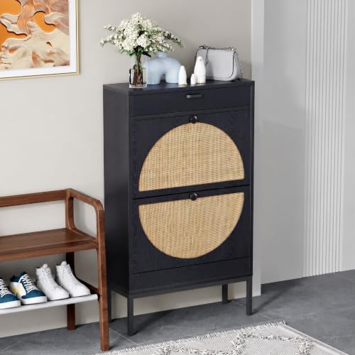 Shoe Rack Storage Organizer with 2 Natural Semi-Circular Rattan Doors, Entryway Wooden Shoe Cabinet for Sneakers, Leather Shoes, Heels, Slippers (Black) - color: Black