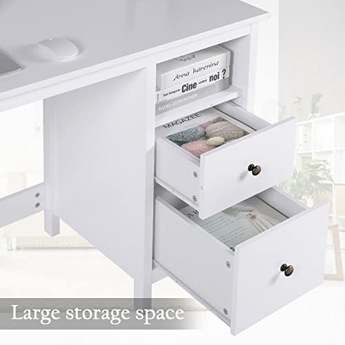 Vikiullf White Desk with Drawers, 47” Modern Home Office Study Computer Writing Desk with Storage Cabinet & Open Shelf, Simple Vanity Table for Bedroom