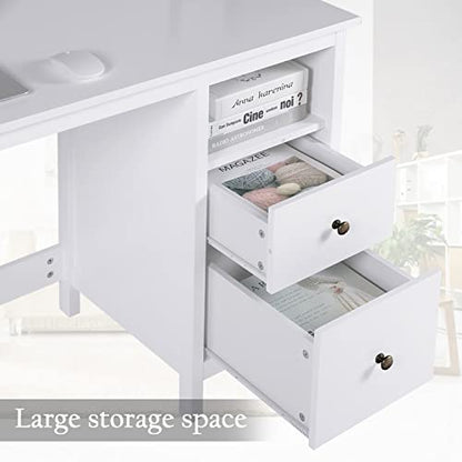 Vikiullf White Desk with Drawers, 47” Modern Home Office Study Computer Writing Desk with Storage Cabinet & Open Shelf, Simple Vanity Table for Bedroom