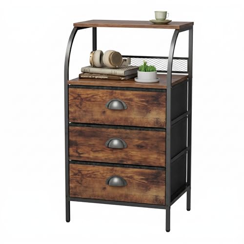 Nightstand with 3 Drawers, Tall Bedside Table with 2-Tier Wood Shelf, 3 Fabric Night Stands for Bedroom, Sturdy Steel Frame, Wood Top, Rustic Brown - color: Brown(3 Locker), size: set of 1