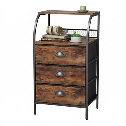 Nightstand with 3 Drawers, Tall Bedside Table with 2-Tier Wood Shelf, 3 Fabric Night Stands for Bedroom, Sturdy Steel Frame, Wood Top, Rustic Brown - color: Brown(3 Locker), size: set of 1