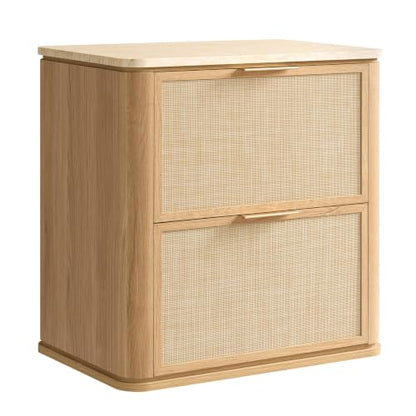 Night Stand, 23.11" W Rattan Nightstand with 2 Drawers, Faux Marble Top Bedside Table, Boho Mid Century End Table for Bedroom Living Room Sofa Office, Natural Oak [FSC Certified] - color: Natural Oak, size: 15.63"D x 23.11"W x 23.94"H（2 Drawer）