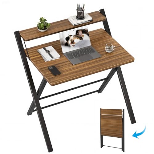 GreenForest Folding Desk No Assembly, Sturdy Computer Desk for Small Spaces | Portable Foldable Table for Laptop, 2-Tier Compact with Shelf, Space Saving for Home Office, Dorm, Apartment, 24"x 30" Walnut - color: Walnut, size: 24.5 x 30 inch
