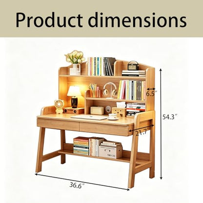 Solid Wood Desk with Hutch, 36.6" Home Office Writing Desk with 2 Drawers & Open Bookshelf, Study Table with Rounded Edges & Thickened Panel, Ideal for Kids/Adults Bedroom, Small Space