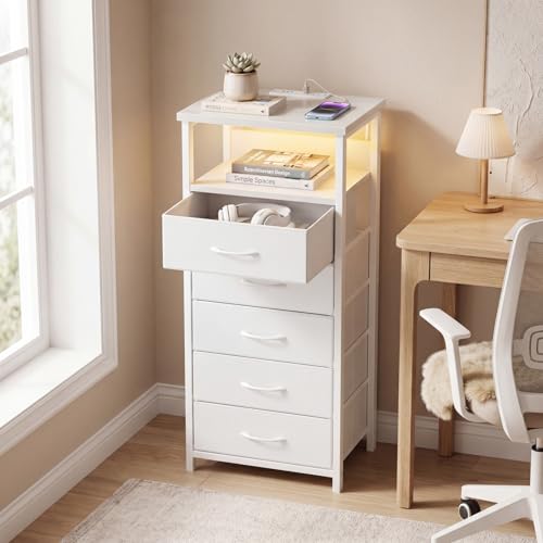 Fixwal Tall Nightstand with Charging Station and LED Lights, Night Stand with PU Finish Fabric Storage Drawers, 5 Drawer Dresser, White - color: White, size: 39.3"H (5 drawers), style: Power+Light (1pc)