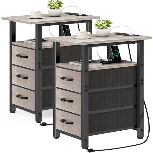Vagusicc Set of 2 Narrow Nightstand with Charging Station, Slim Dresser for Bedroom Narrow Side Table Storage Cabinet with 3 Drawers, Tall Night Stand End Table for Small Spaces, Greige - color: Greige, size: 2, style: With Power