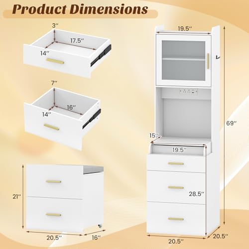 CHARMAID 3-in-1 Vanity Desk with Flip Top Mirror, Storage Stool on Wheels, Compact Makeup Vanity Table with Charging Station, Fluted Cabinet & Drawers, Tall Nightstand for Bedroom & Apartment, White