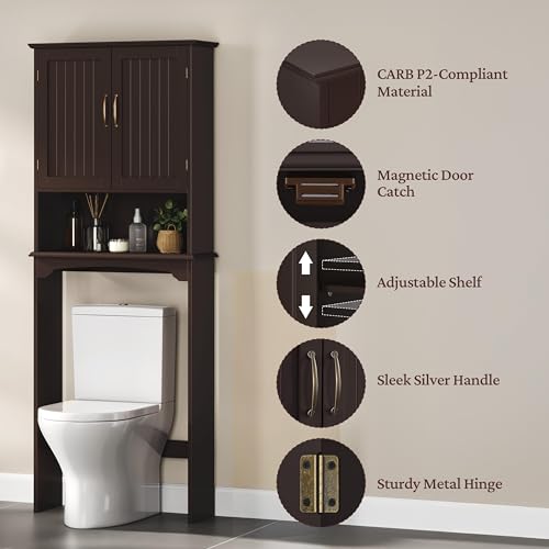 Yaheetech Over The Toilet Storage with 2 Doors & Adjustable Shelf, Free Standing Toilet Rack Wooden Space-saving Collect Cabinet, Bathroom Furniture, 9Dx24.5Wx66H Inches, Espresso - color: Espresso