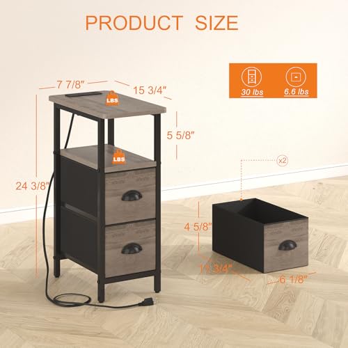 sthmec Narrow End Table with Charging Station, Narrow Side Table with 2 Fabric Drawers, Slim Nightstand, Skinny Bedside Table, Small Side Table for Small Spaces, Living Room, Bedroom, Grey - color: Grey, size: 7.87'' W x 15.75'' D x 24.37'' H, style: Powe