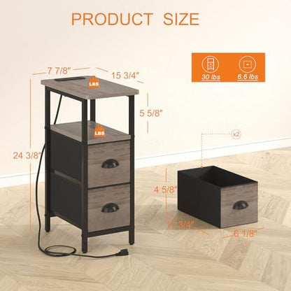 sthmec Narrow End Table with Charging Station, Narrow Side Table with 2 Fabric Drawers, Slim Nightstand, Skinny Bedside Table, Small Side Table for Small Spaces, Living Room, Bedroom, Grey - color: Grey, size: 7.87'' W x 15.75'' D x 24.37'' H, style: Powe