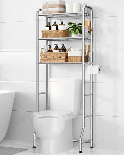 Kitsure Over Toilet Storage Rack - Metal Over Toilet Bathroom Organizer Shelf, Over the Toilet Storage Cabinet with Paper Holder and Hooks, Bathroom Cabinet for Laundry, Silver, 3 Tiers (63.2" H) - color: Silver, size: 3 Tiers (63.2"H)