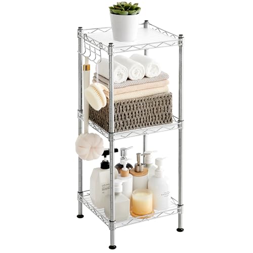 SONGMICS Storage Shelf, Bathroom Shelf, 3-Tier, Silver and Translucent | Small space storage rack with 3 PP shelf liners, removable hook, extendable design, ULGR103E01 - color: Silver + Translucent, size: 3 Tiers (11.8"D x 11.8"W), style: With PP Shelf Li