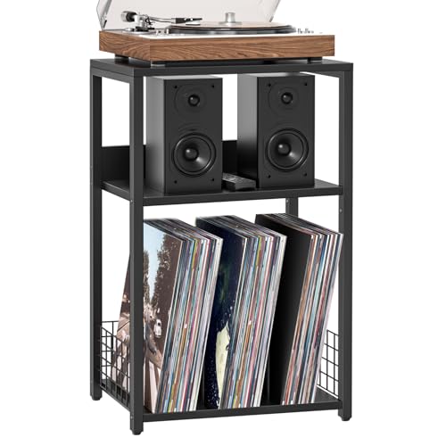 LELELINKY Large Black Record Player Stand, 3 Tier 18" Wide Big End Table with Vinyl Storage Up to 130 Albums, Industrial Turntable Printer Tables, Modern Side Tables for Living Room, Bedroom, Office - color: Black, size: Large