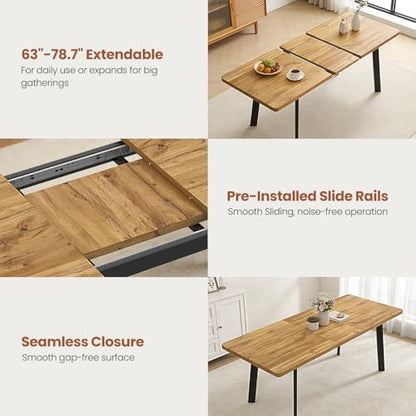 Extendable Dining Table for 6 to 8 People, 63" to 78.7" Modern Kitchen Table with Removable Extension Leaf, MDF Expandable Dining Room Table Compact for Small Spaces, Walnut - color: 63'' - 78.7'' Walnut Table