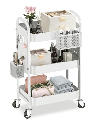 ALVOROG 3 Tier Rolling Cart with DIY Pegboards Metal Utility Cart with Wheels Handles Baskets Hooks, Storage Cart for Office Kitchen Bathroom(White) - color: White