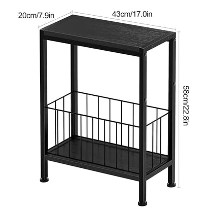 Narrow Side Table, Skinny End Tables with Magazine Holder, Small Sofa Table for Small Spaces, Space-Saving Design, Slim Nightstand Bedside Table for Living Room, Bedroom, Office, Black - color: Black