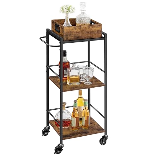 VASAGLE Kitchen Serving Cart with Removable Tray, 3-Tier Kitchen Utility Cart on Wheels with Storage, with Brakes, Leveling Feet, 11.8 x 13.7 x 33.9 Inches, Rustic Brown and Black ULRC062B01 - color: Rustic Brown + Black, size: 11.8"D x 13.7"W x 33.9"H