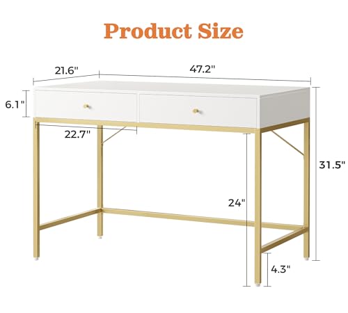 SUPERJARE Vanity Desk with Drawers, 47 inch Computer Desk, Modern Simple Home Office Desks, Makeup Dressing Table for Bedroom - White and Gold - color: White and Gold, size: 47 inch