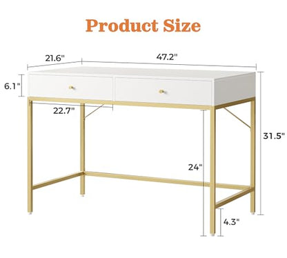 SUPERJARE Vanity Desk with Drawers, 47 inch Computer Desk, Modern Simple Home Office Desks, Makeup Dressing Table for Bedroom - White and Gold - color: White and Gold, size: 47 inch