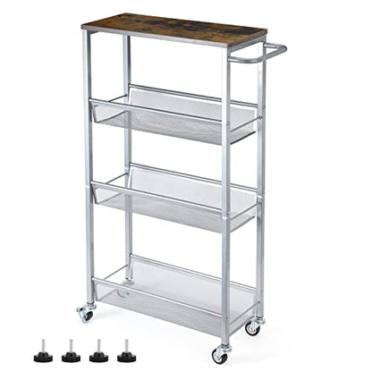 NANANARDOSO 4-Tier Slim Rolling Cart with Wood Top, Narrow Storage Organizer with Wheels & Handle for Kitchen Bathroom Laundry Room, Black, Silver. - size: 4 Tier(Silver)