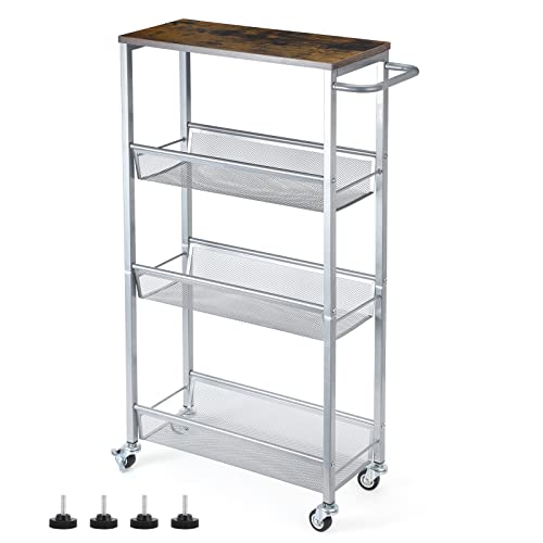 NANANARDOSO 4-Tier Slim Rolling Cart with Wood Top, Narrow Storage Organizer with Wheels & Handle for Kitchen Bathroom Laundry Room, Black, Silver. - size: 4 Tier(Silver)