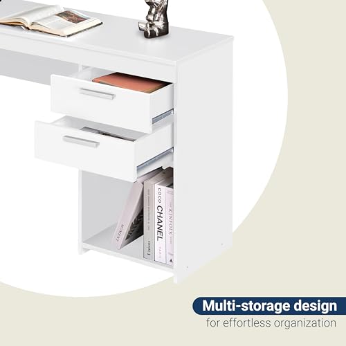 Techni Mobili 48 Inch Modern Compact Computer Desk with Drawers, White | 48 Inch modern desk with storage drawers, sturdy frame, compact design, ideal for bedrooms and home office workspaces - color: White