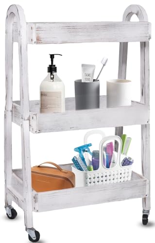 3-Tier Rolling Utility Cart with Lockable Wheels Storage Slim Storage Heavy Duty Cart Mobile Shelving Unit Craft Narrow Organizer for Bathroom Laundry Kitchen (Vintage White) - style: Vintage white