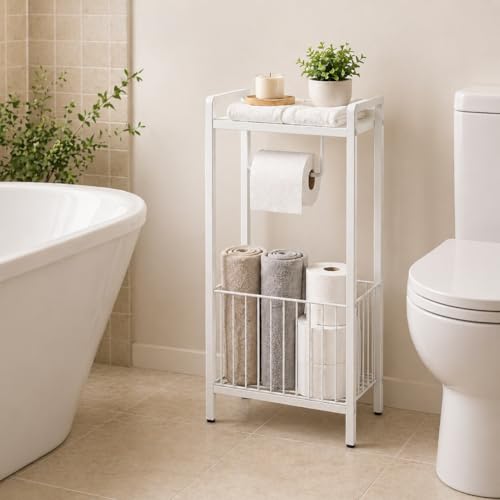 Bathroom Toilet Paper Holder Stand with Storage Basket and Top Shelf, Free-Standing Toilet Tissue Organizer for Small Bathrooms, Metal Toilet Paper Rack with Magazine Holder – White - color: White