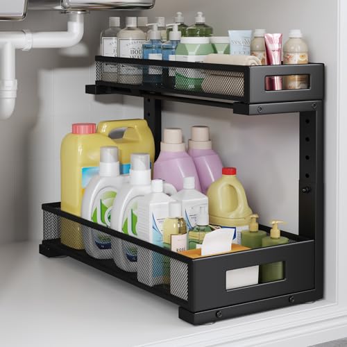 1 Pack 17IN Depth Under Sink Storage Organizer, Large 2-Tier Elegant Mesh Pull Out Shelf for Kitchen and Bathroom Cabinet Organization, L-Shaped and Adjustable Height Design-Black - color: Black, size: 1 Pack-17"Dx11.4"-16.14"H