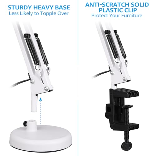 TORCHSTAR Metal Desk Lamp, Adjustable Swing Arm, E26, White | Architect Gooseneck Multi-Joint Clip Table Lamp with Plastic Clamp, for Home Office, Work, Study, Reading, Bulbs not Included - color: White