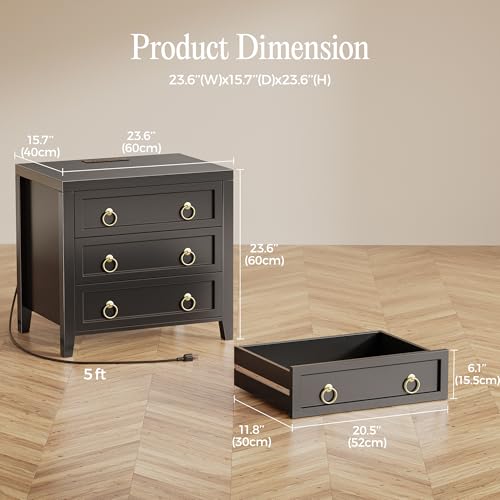 Huuger Paint Night Stand with Charger Station, 3 Drawer Nightstand Set of 2 | Larger Wider Bedside Table with USB-C Port, Modern End Table, for Bedroom, Living Room, Black Nightstand - color: Black