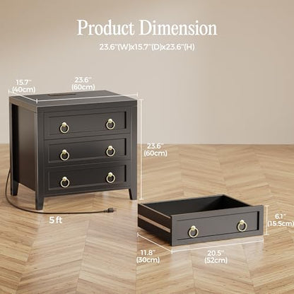 Huuger Paint Night Stand with Charger Station, 3 Drawer Nightstand Set of 2 | Larger Wider Bedside Table with USB-C Port, Modern End Table, for Bedroom, Living Room, Black Nightstand - color: Black