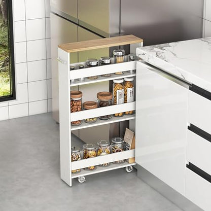 4-Tier Slim Rolling Storage Cart, Wooden Kitchen Utility Cart with Wheels & Handle, Space Saving Trolley, Slide Out Shelving Unit for Narrow Spaces, Laundry, Bathroom (White + Natural) - color: White + Natural