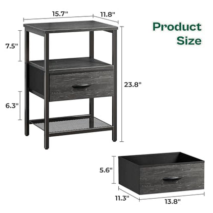 Huuger Nightstand Set of 2, Night Stand with Fabric Drawer, Mesh Shelf, Side Table with Storage, Fabric Drawer Dresser, Open Shelf, Metal Frame, Bedroom, Charcoal Black Wood Grain Print - color: Charcoal Black Wood Grain Print