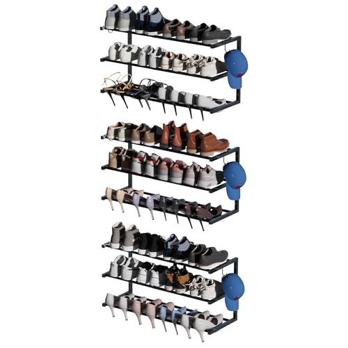 3 Pack Wall Mounted Shoe Rack, 3 Tier Hanging Shoe Rack Holds 36 Pairs, 17"-30"Adjustable Heavy Duty Metal Shoe Organizer Holder with 6 Storage Hooks, Space Saving for Closet Entryway Doorway（Black) - color: Black, size: 3 Pack