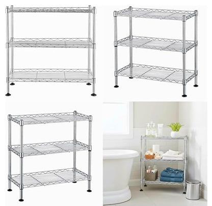 FOXHOLE 3-Tier Steel Metal Storage Rack Wire Shelving for Bathrooms, Closets, Kitchen, Pantry, Adjustable Shelves, Silver Finish, 17.72" L x 7.87" W x 17.72" H - size: 17.72"W x 7.87"D x 17.72"H