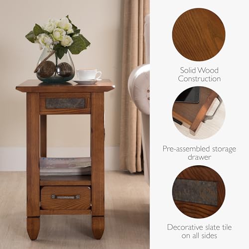Leick Home Sibley End Table, Solid Wood, 1 Storage Drawer, Slate Tile Details, Bottom Display Shelf, Easy-Assembly, For Living Room/Bedroom, Rustic Oak, 24.5 in. L x 15.25 in. W x 24.0 in. H , 10906 - color: Rustic Oak
